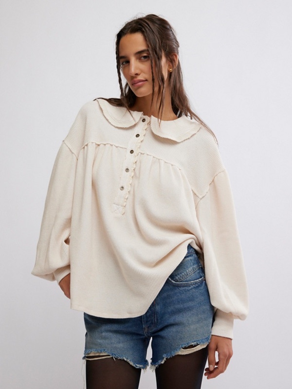 We The Free Cream Waffle Knit Peter Pan Collar Henley